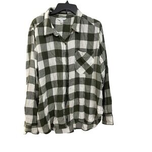 TIME TRU Womens Flannel Shirt Green White Buffalo Check Long Sleeve Button Up XL